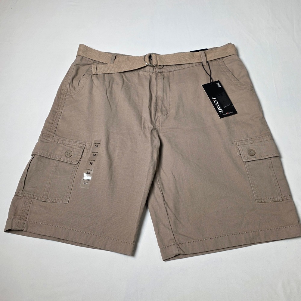 J.COME Cargo Shorts Mens 38 Tan Khaki Belted Stretch Cotton Utility Casual